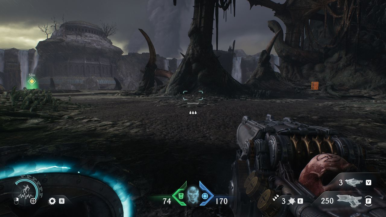 Doom: The Dark Ages Chapter 14 secrets - A codex entry item on the right, with a lift to continue the mission on the left side of the area.