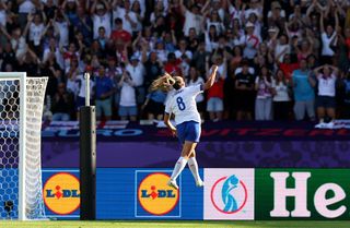 Georgia Stanway of England celebrates scoring her team's second goal during the UEFA Women's EURO 2025 Group D match between England and Netherlands at Stadion Letzigrund on July 09, 2025 in Zurich, Switzerland.