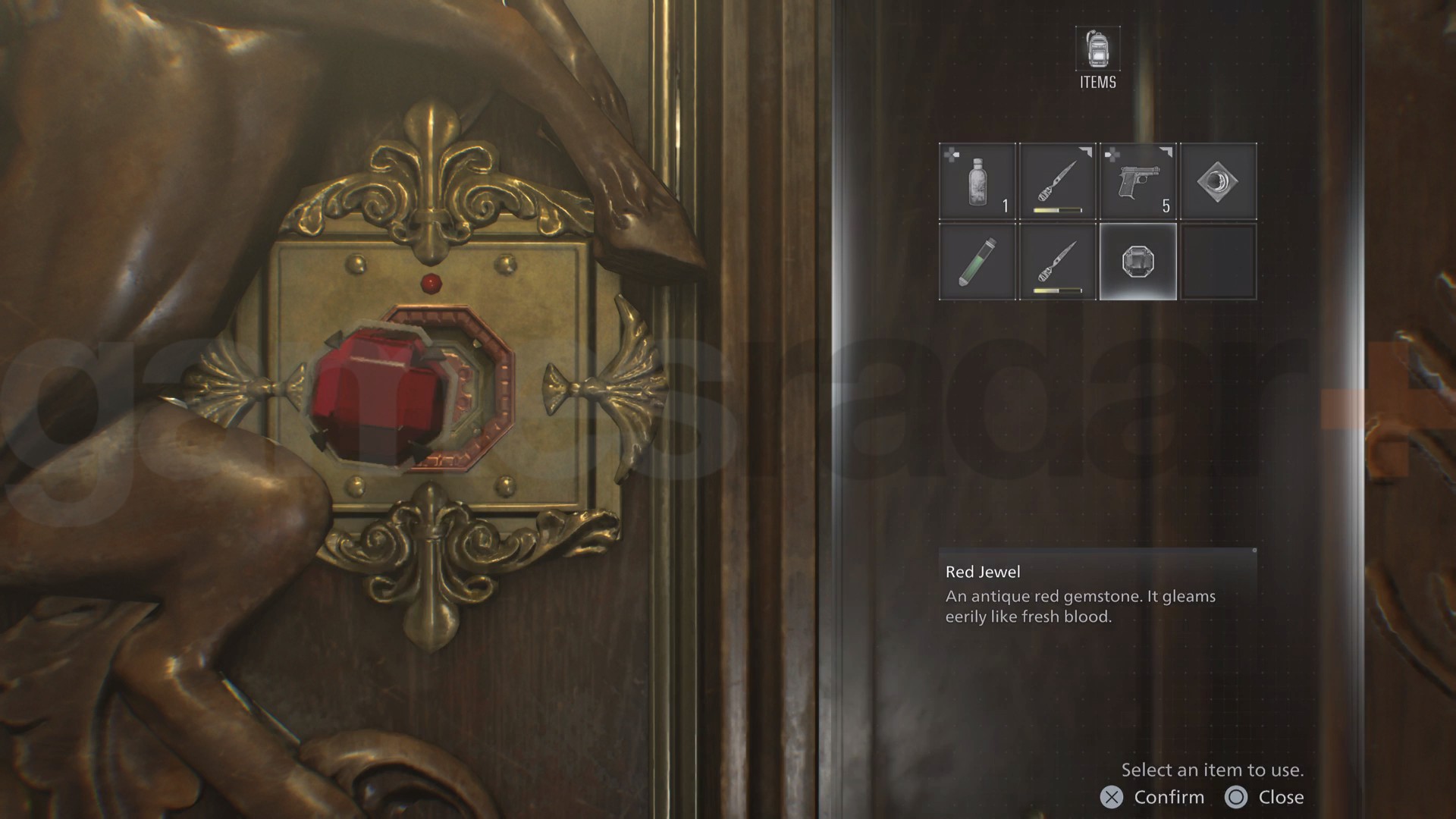 Resident Evil Requiem unicorn door puzzle with the red gem needed to open the palor