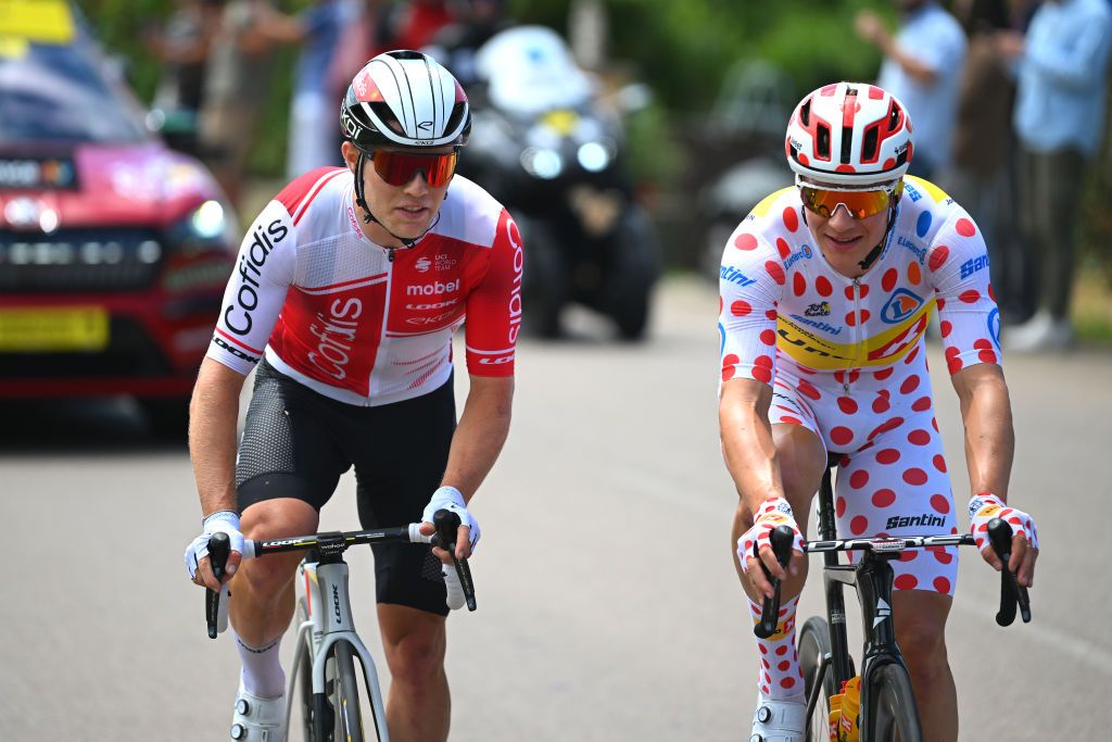 DIJON FRANCE JULY 04 LR Axel Zingle of France and Team Cofidis and Jonas Abrahamsen of Norway and Team UnoX Mobility Polka dot Mountain Jersey in the breakaway during the 111th Tour de France 2024 Stage 6 a 1635km stage from Macon to Dijon UCIWT on July 04 2024 in Dijon France Photo by Dario BelingheriGetty Images