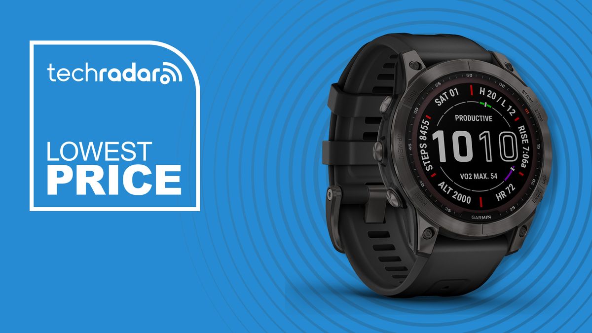 Garmin Fenix 7 on a blue background with the text lowest price 