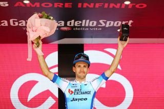 TURIN ITALY MAY 21 Simon Yates of United Kingdom and Team BikeExchange Jayco celebrates winning the stage on the podium ceremony after the 105th Giro dItalia 2022 Stage 14 a 147km stage from Santena to Torino Giro WorldTour on May 21 2022 in Turin Italy Photo by Michael SteeleGetty Images
