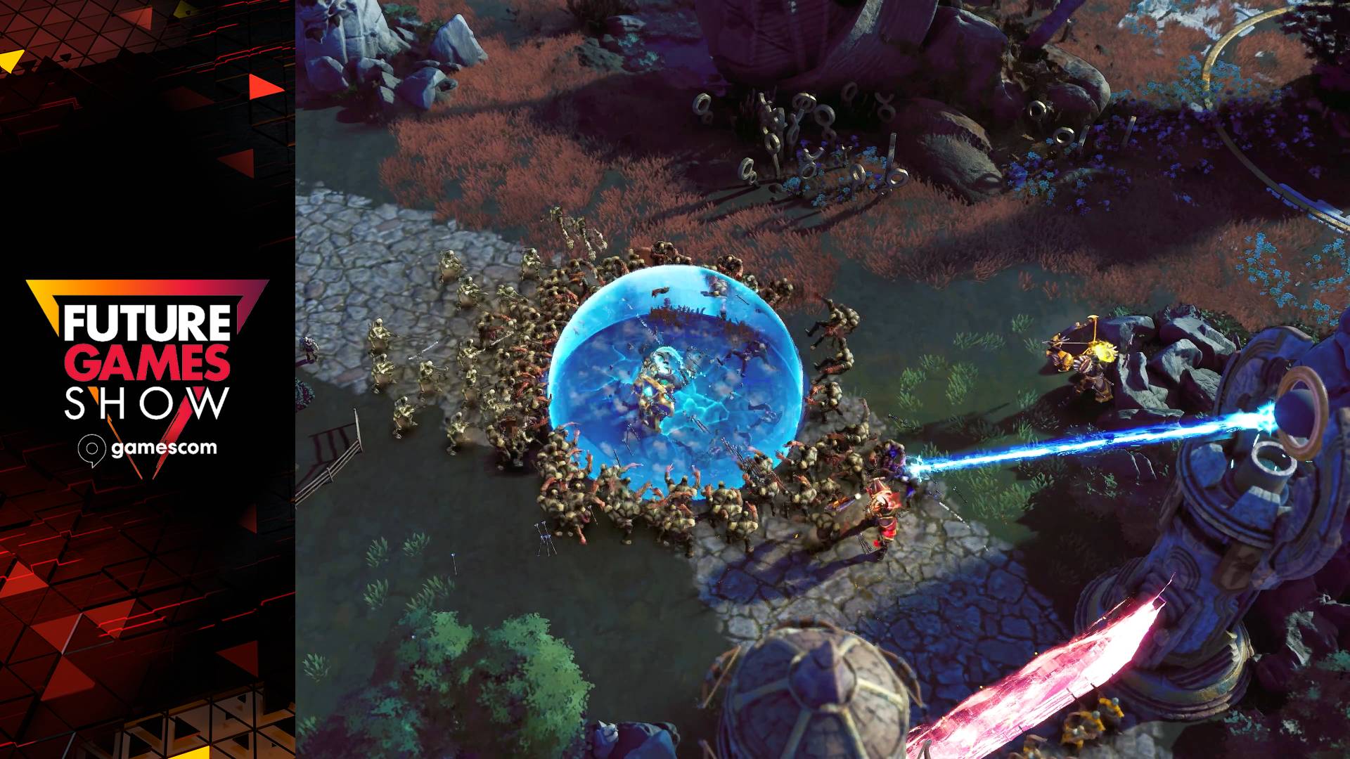 EverSiege: Untold Ages hero fighting horde with Future Games Show logo