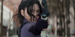 Hailee Steinfeld as Kate Bishop shooting an arrow on Hawkeye