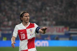 Luka Modric Manchester City of Croatia looks on during the UEFA EURO 2024 group stage match between Croatia and Italy at Football Stadium Leipzig on June 24, 2024 in Leipzig, Germany.