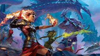 Artwork showing multiple Planeswalker heroes charging into battle during March of the Machine