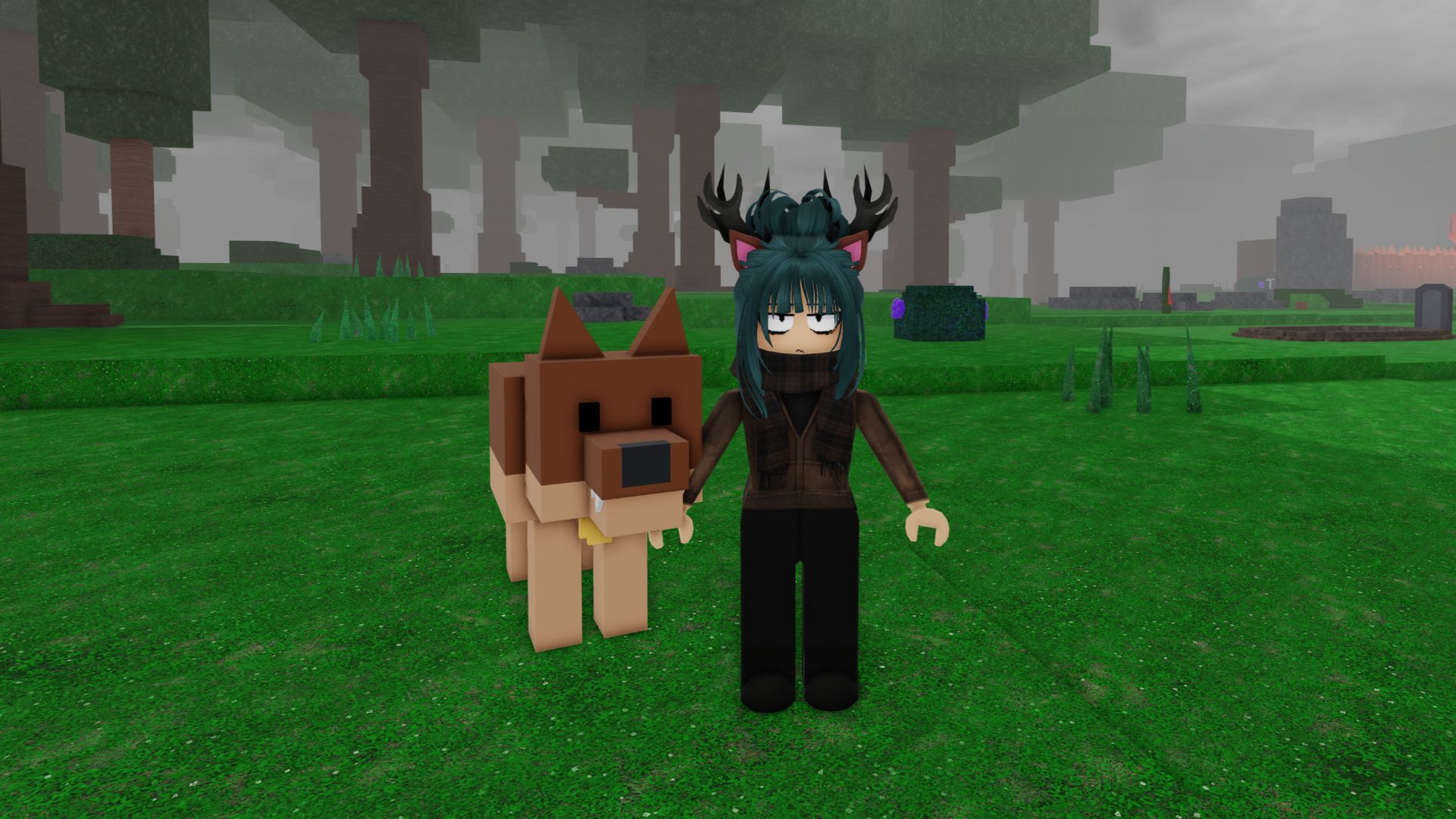 A brown tamed wolf standing next to a player in 99 Nights in the Forest