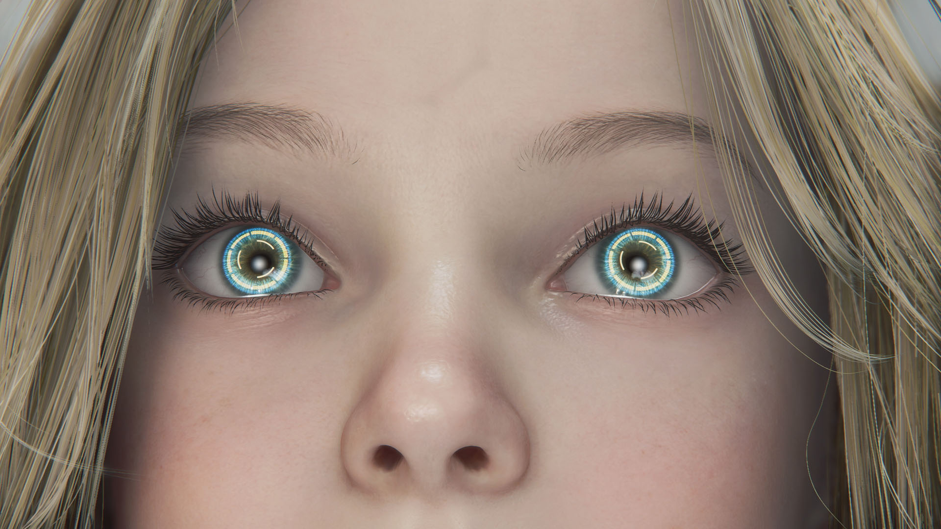 Diana's eyes glow with digital energy in Pragmata