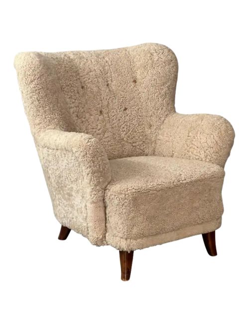 Laila Armchair by Ilmari Lappalainen, Beige Sheepskin, Finland, 1948