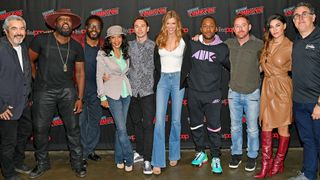 Jon Cassar, Peter Macon, Chad L. Coleman, Penny Johnson Jerald, Mark Jackson, Adrianne Palicki, J. Lee, Scott Grimes, Jessica Szohr, and David A. Goodman attend Hulu's “The Orville” panel at New York Comic Con 2019 Day 4 at Jacob K. Javits Convention Center on Oct. 6, 2019, in New York City.