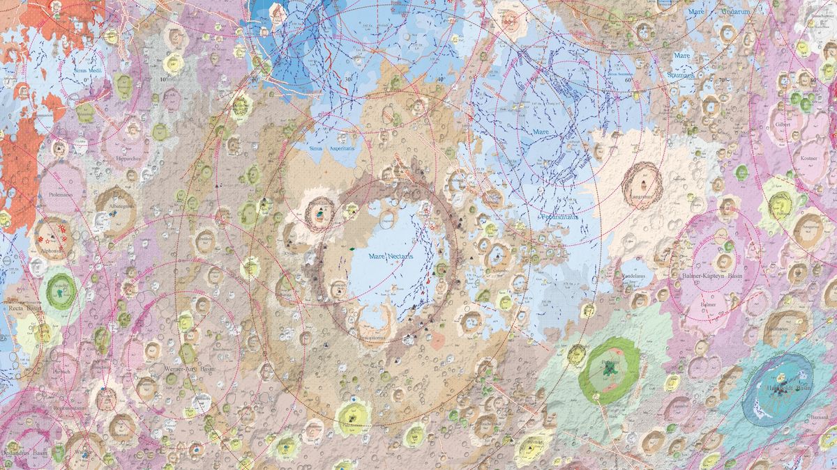 A detail of a geological map of the moon released by Chinese scientists in 2022. An even more detailed moon &#039;atlas&#039; is now available, revealing more than 12,000 lunar structures. 