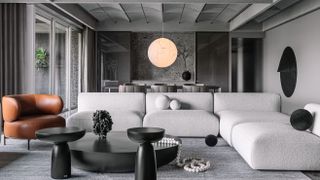 A living room drenched in monotone shades