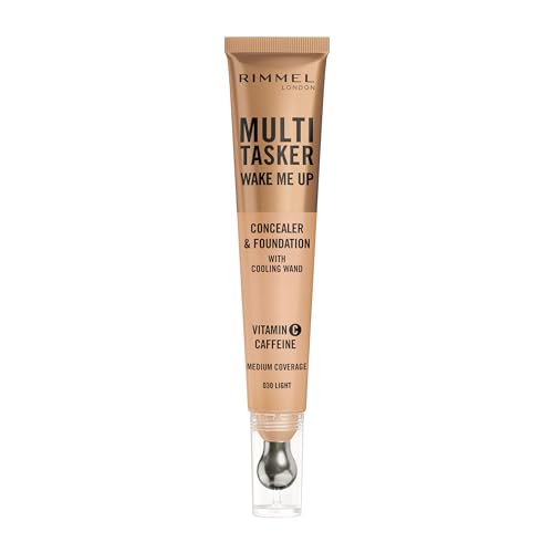 Rimmel Multi-Tasker Wake Me Up Foundation & Concealer 030 Light, Depuffs & Brightens Dark Circles, Metallic Cooling Applicator, Caffeine & Victamin C, 2% Niacinamide, Vegan, Cruelty Free