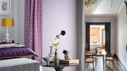 lilac and purple bedroom and dining room 