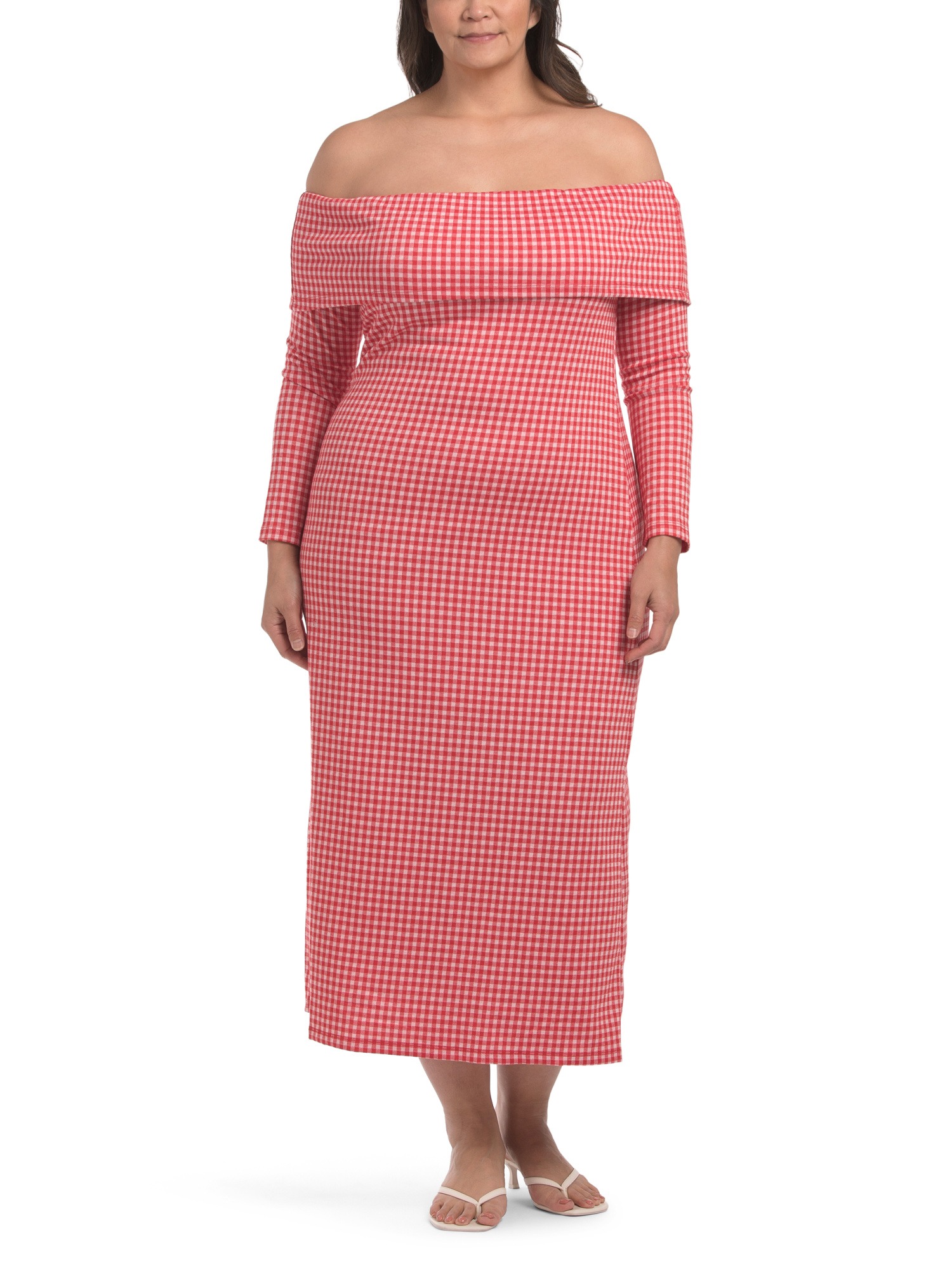 English Factory, Plus Gingham Off The Shoulder Midi Dress