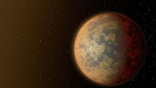 This artist&#039;s rendition shows one possible appearance for the planet HD 219134b, the nearest confirmed rocky exoplanet found to date outside our solar system. The planet is 1.6 times the size of Earth, and whips around its star in just three days. Scientists predict that the scorching-hot planet -- known to be rocky through measurements of its mass and size -- would have a rocky, partially molten surface with geological activity, including possibly volcanoes.