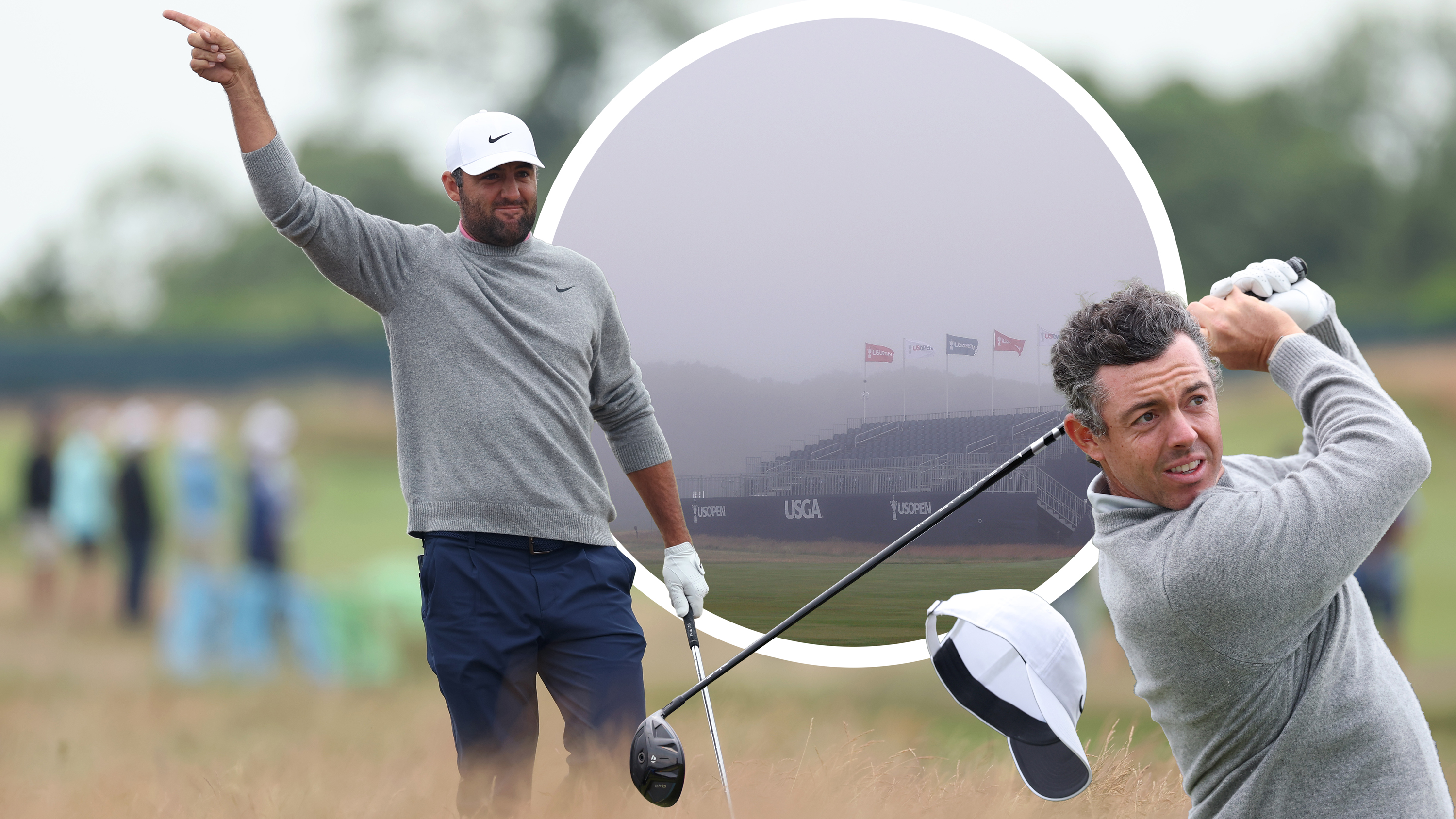 Scottie Scheffler pointing right to indicate a bad golf shot at the US Open 2026 at Shinnecock Hills, with inset images of the wind blowing Rory McIlroy's hat off and poor weather conditions