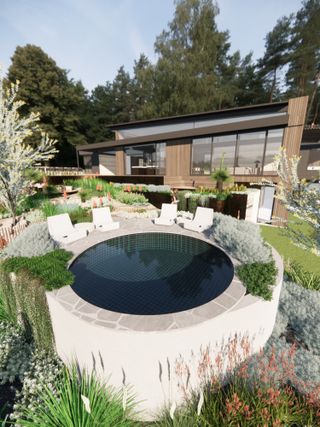 circular above ground pool with stone decking and modern loungers