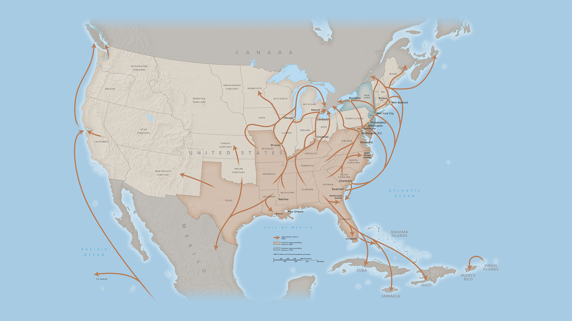 Eine US-Karte, die die Wege zeigt, denen Freiheitssuchende folgten, um den Versklavern zu entkommen.