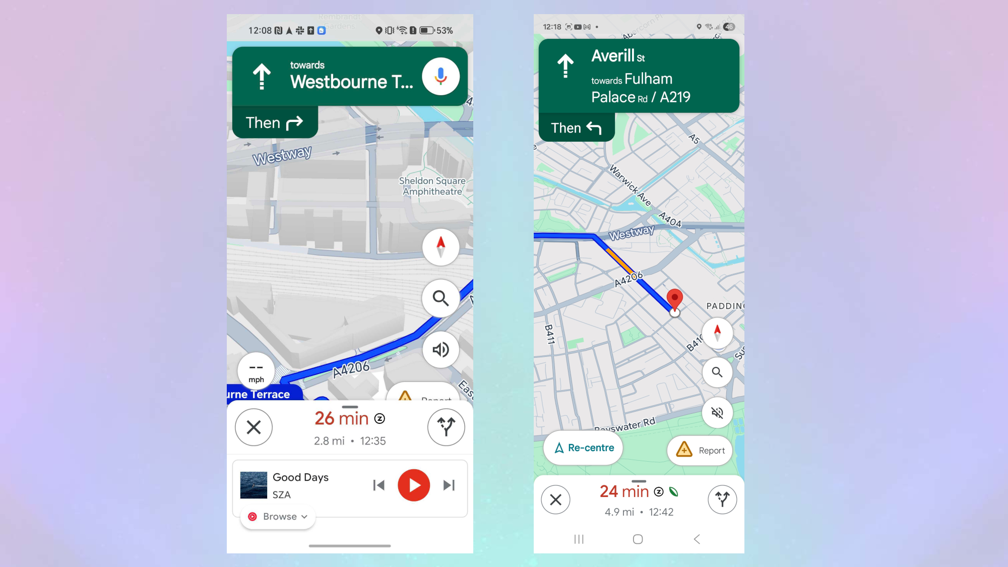 Google Maps running on an Honor 400 Pro with the option for media controls, and a Z Fold 5 that doesn't