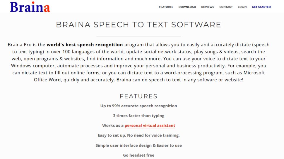Website screenshot of Braina Pro (November, 2025)