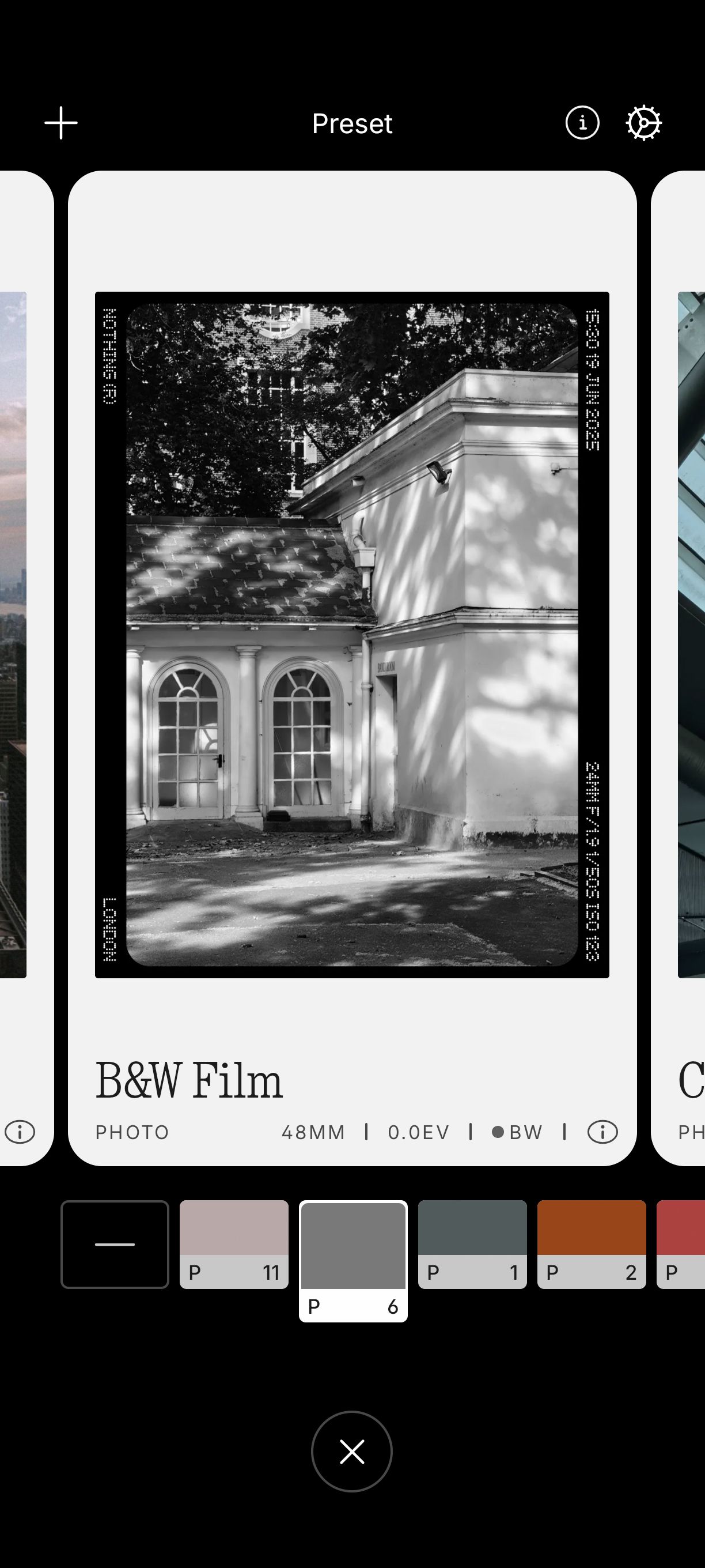 Screenshot of the Nothing Phone (4a) camera app showing a &ldquo;B&amp;W Film&rdquo; preset preview with a black-and-white photo of a small building.
