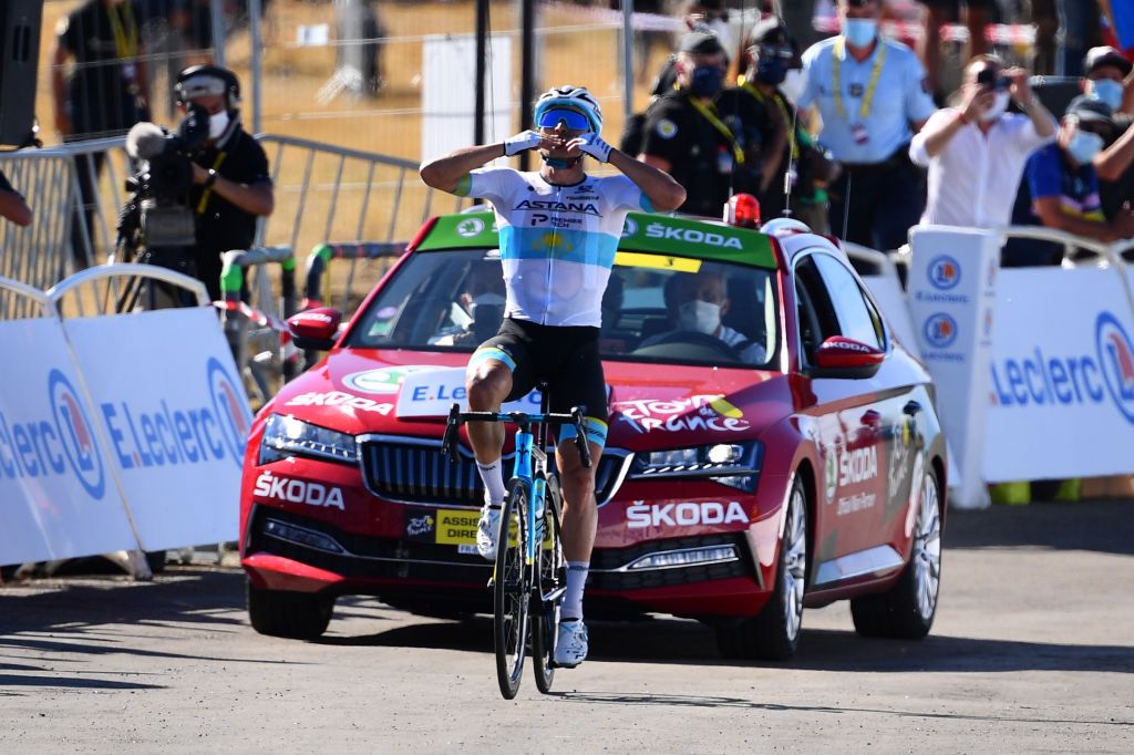 GARD FRANCE SEPTEMBER 03 Arrival Alexey Lutsenko of Kazahkstan and Astana Pro Team Celebration Public Fans Landscape during the 107th Tour de France 2020 Stage 6 a 191km stage from Le Teil to Mont AigoualGard 1560m TDF2020 LeTour on September 03 2020 in Gard France Photo by Stuart FranklinGetty Images