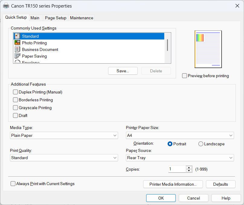 Canon Pixma TR150 Windows driver screenshots