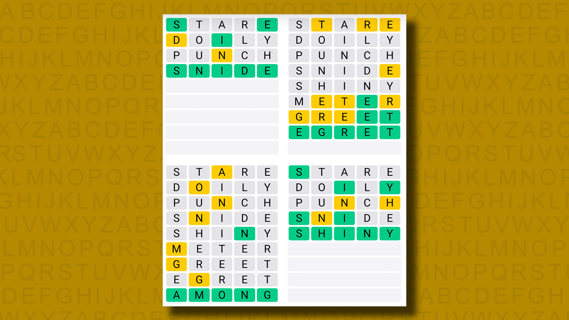 Quordle solutions for recreation 955 on a yellow background