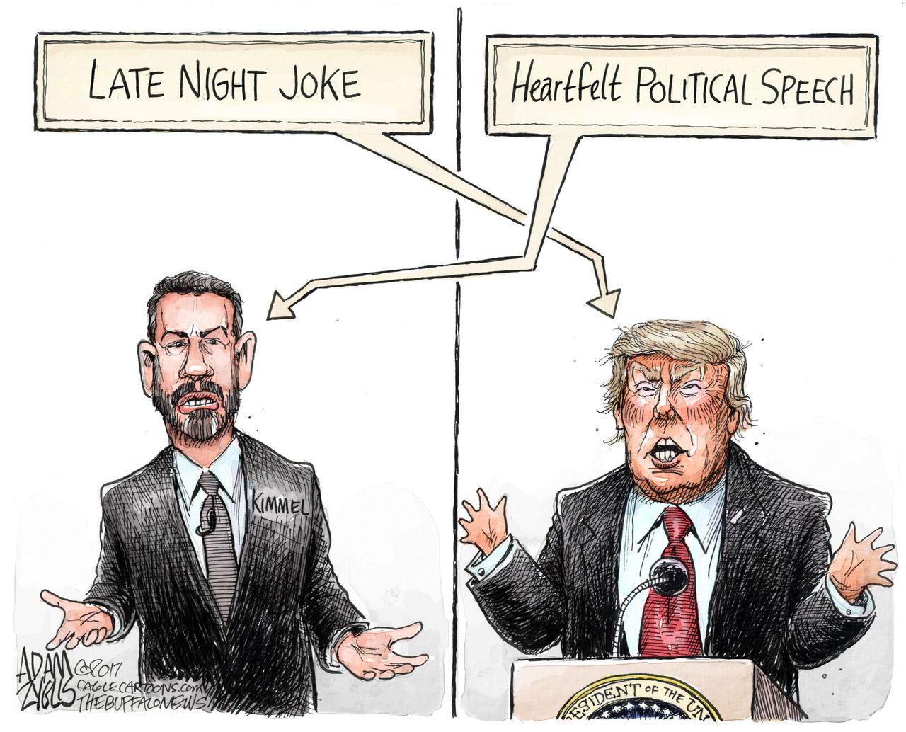 Political cartoon U.S. Jimmy Kimmel Trump jokes politicians