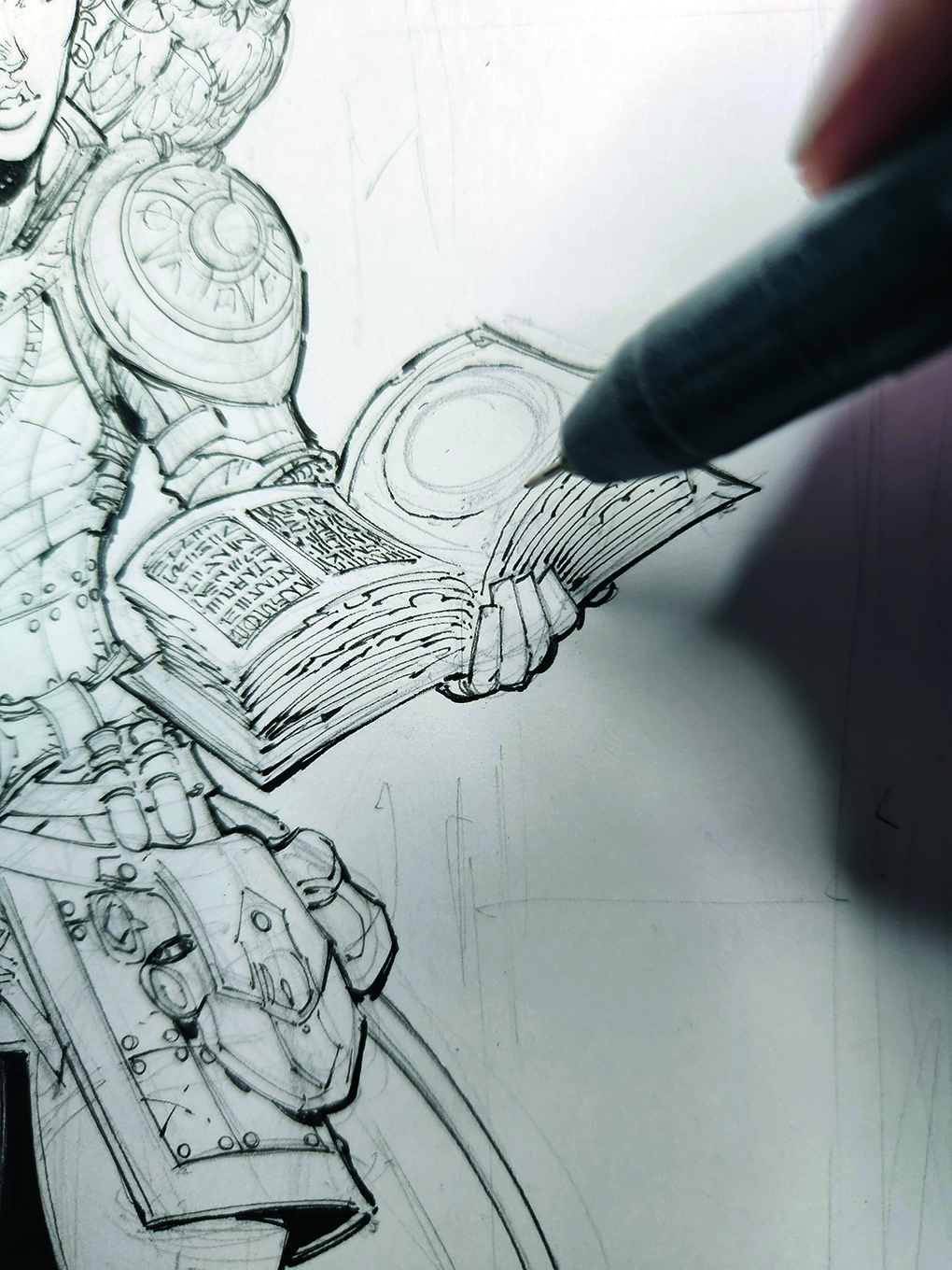 An image showing a step from a drawing tutorial on how to draw a fantasy character in pencil, pen and marker