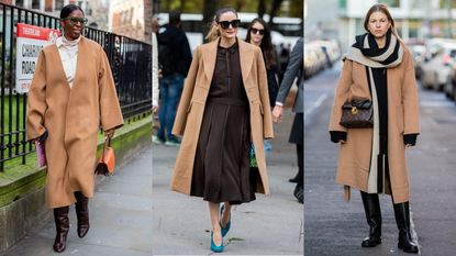 street style influencers wearing camel coat outfits