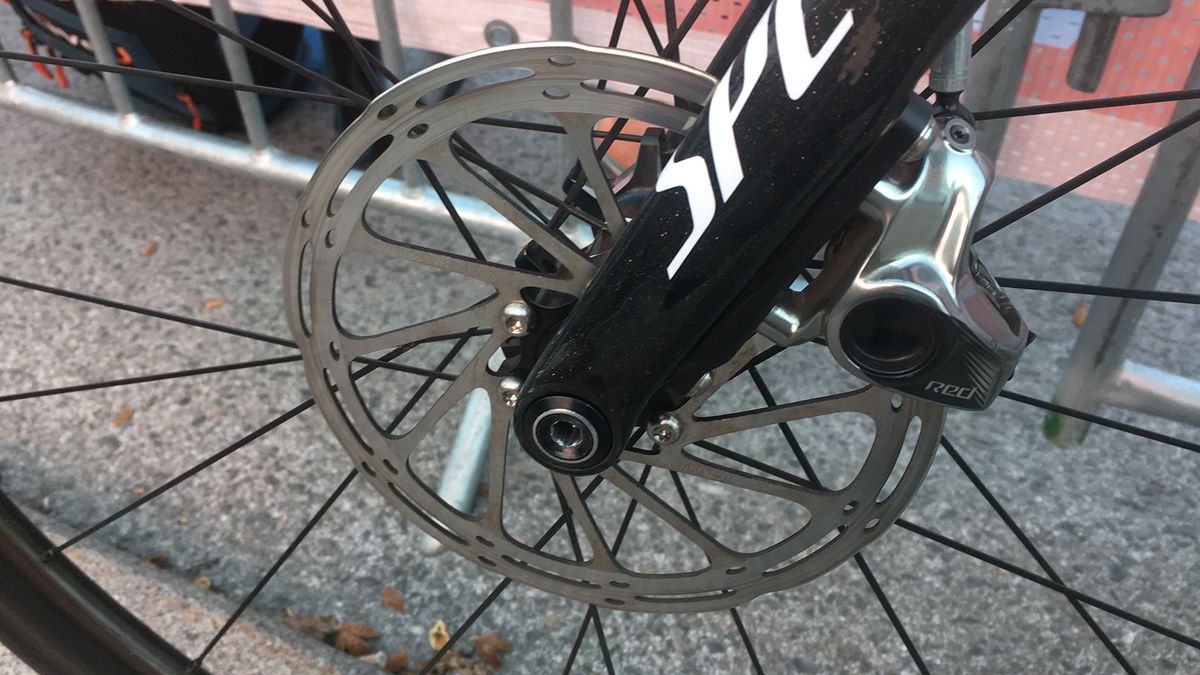 A close look at the SRAM Red Disc caliper and 160mm rotor