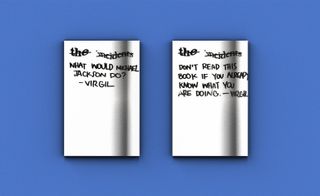 Slides from Virgil Abloh's presentation. White pages with quotes on a blue background.