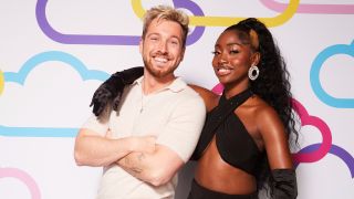 Sam Thompson and Indiyah Polack in front of the cloud background for Love Island 2023