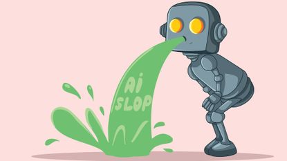 AI slop concept image showing a robot with glowing yellow eyes vomiting green liquid with term 'AI slop' in the flowing liquid.