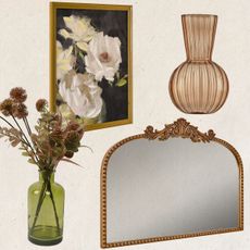 Collage of bronze mirror, dried flowers, floral painting, and glass vase