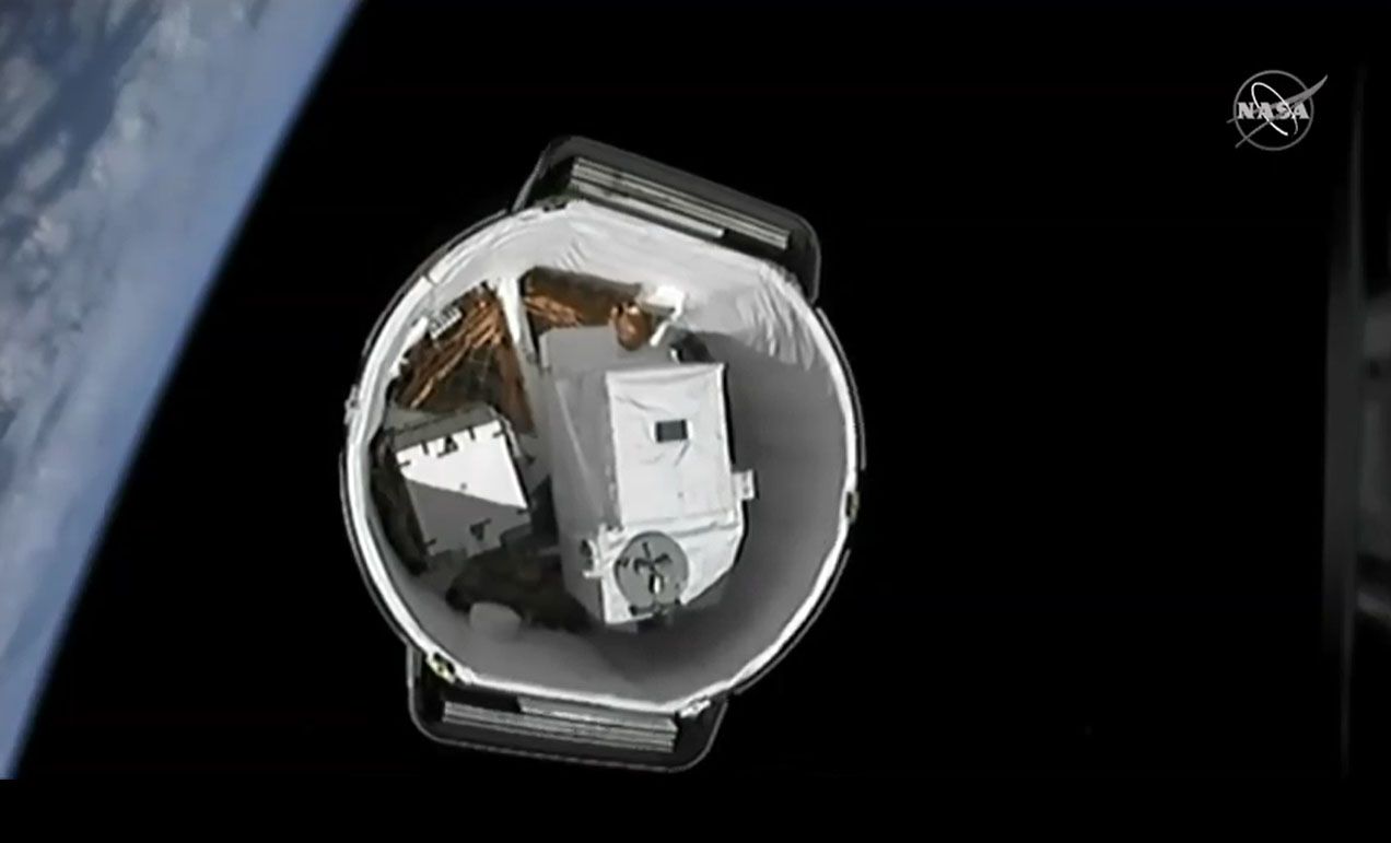 The Dragon CRS-19 spacecraft, making its third trip to space, separates from its Falcon 9 rocket upper stage after reaching orbit on Dec. 5, 2019.