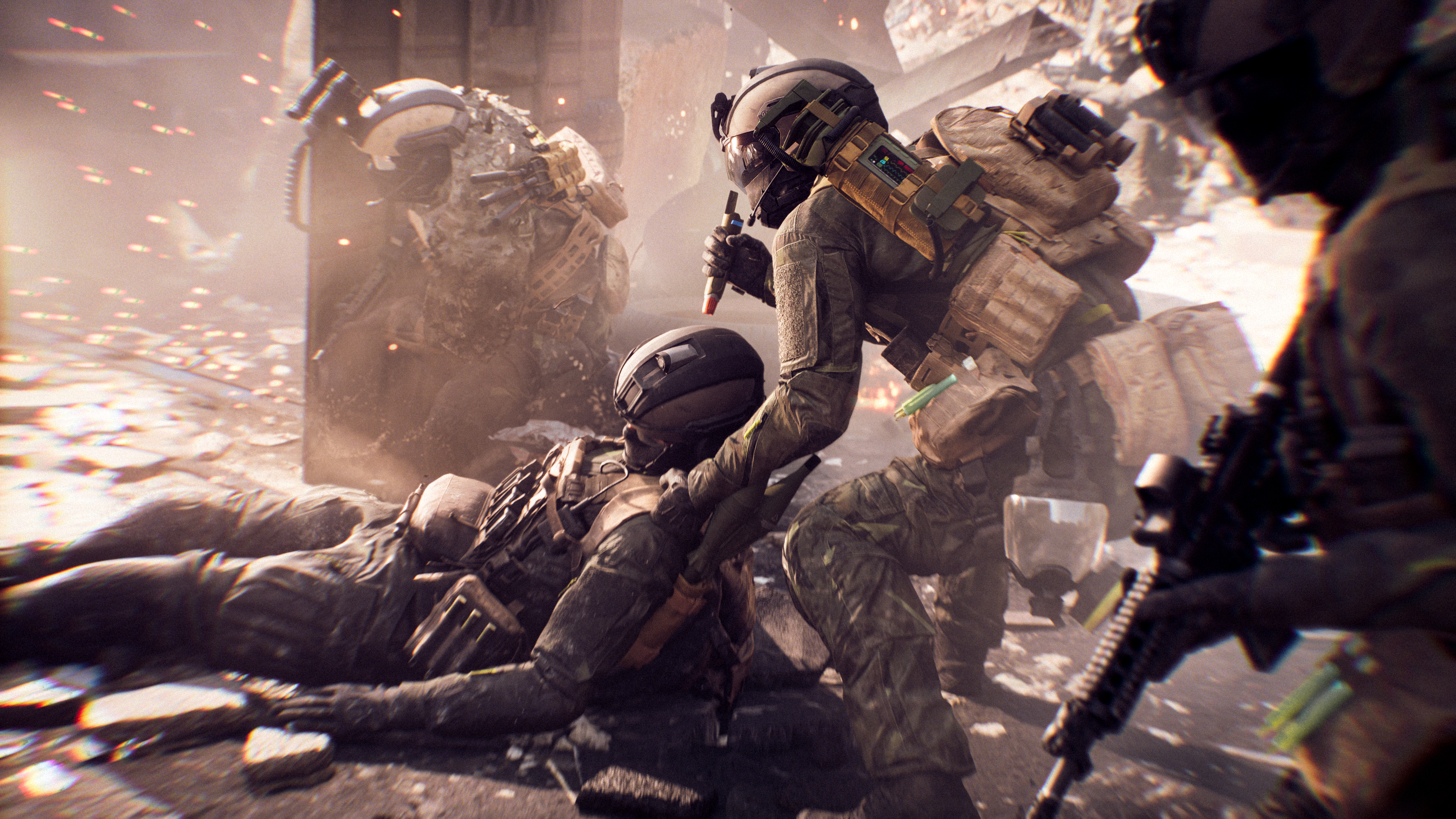 Battlefield 6 world brightness: A soldier dragging a downed ally while holding a syringe. Other soldiers can be seen taking cover and moving forward in the periphery.