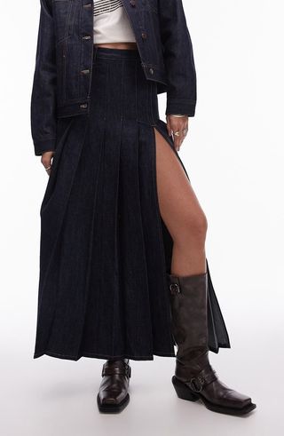 Pleated Denim Maxi Skirt