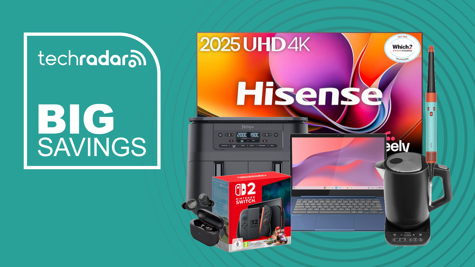 Collage of tech from the Very sale, including a Hisense TV, Ninja air fryer, Lenovo laptop, Switch 2 and Ninja kettle.
