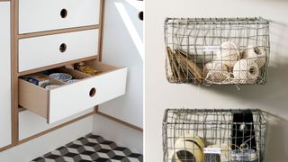 drawers and wall mounted storage baskets to show how to declutter your home with efficiency