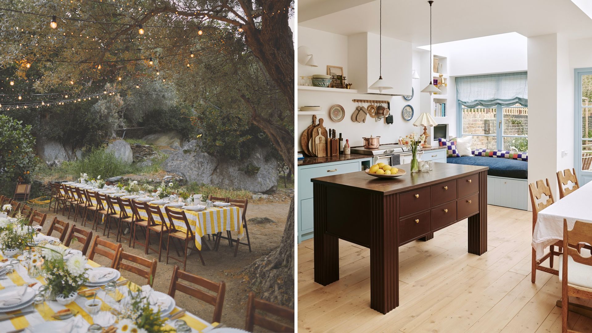 Collage of two images showing outdoor long table settings for a wedding on the left and a light and airy kitchen on the right