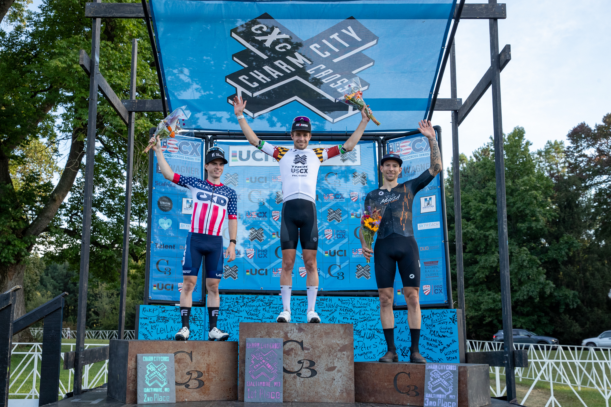 Charm City CX C2 elite men&#039;s podium (L to R): second-placed Andrew Strohmeyer (CXD Trek Bikes), winner Eric Brunner (Competitive Edge Racing) and third-placed Kerry Werner (Velo Mafia Racing p/b Bikeflights)