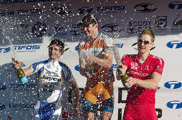 The stage two podium (l-r): Rico Rogers (2nd,Jayco/VIS), Steele Von Hoff (1st,Genesys Wealth Advisers), and Peter Thompson (3rd,Drapac Porsche).