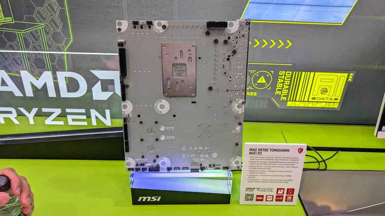MSI Mag X870E Tomahawk WiFi PZ motherboard showing rear power connectors