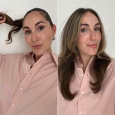 Selfies of editor Anna LaPlaca in a pink shirt