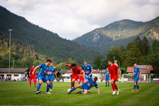 : Image has been digitally enhanced.) Leon Goretzka of FC Bayern Muenchen battles for the ball during the pre-season friendly match between FC Rottach Egern and FC Bayern Munich at Sportplatz Birkenmoos on July 24, 2024 in Rottach-Egern, Bavaria. (Photo by F. Noever/FC Bayern via Getty Images)