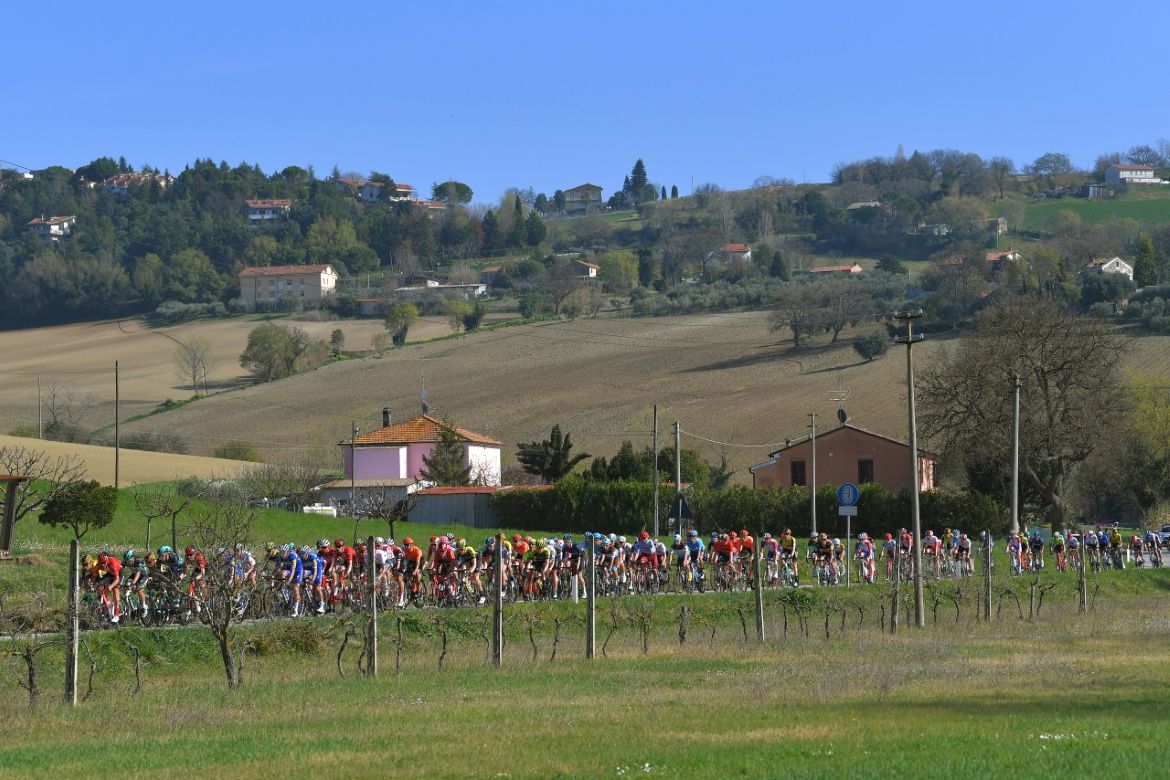 The peloton race through the picturesque Marche countryside