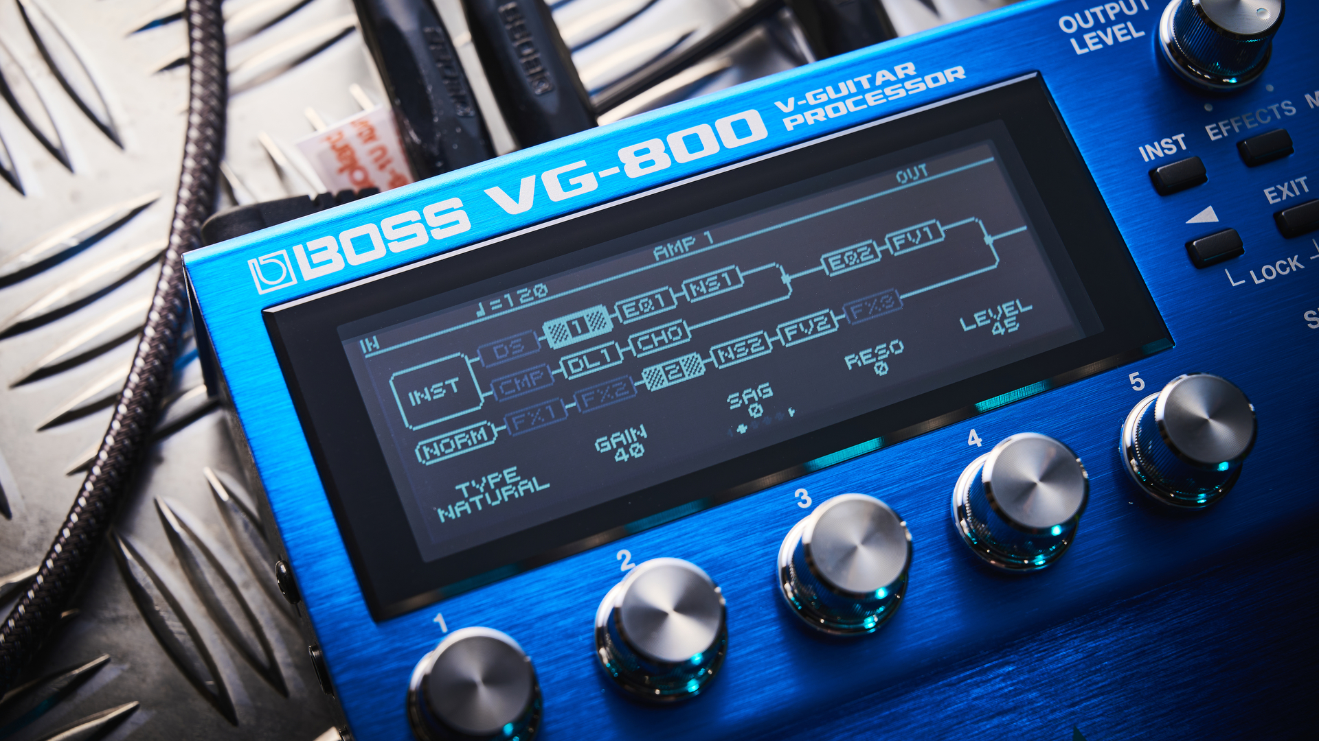 The LCD screen on the Boss VG-800 guitar processor pedal